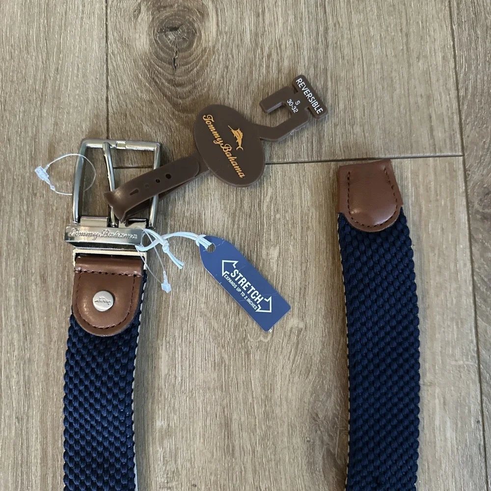 Tommy Bahama Leather and Fabric Stretch Belt Navy Khaki‎ Men's Size 30-32